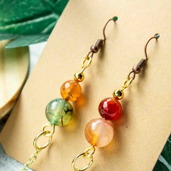 Multicolor Agate - Gold - Dangle Earrings - Picture 10 of 12